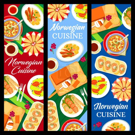 Ilustración de Banderas de cocina noruega con platos de comida y comidas para restaurante, vector. Noruega o la cocina escandinava comida para el almuerzo y la cena de filetes de salmón con albóndigas de patata kroppakor y estofado de ternera kalops - Imagen libre de derechos