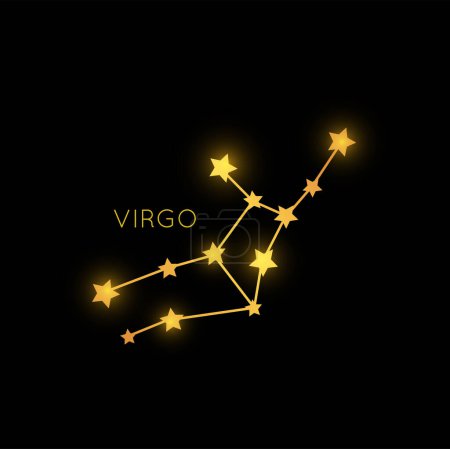 Illustration for Virgo constellation of zodiac sign in space, astrology horoscope symbol in galaxy space. Vector cosmic magic golden stars or planets, astrological symbol - Royalty Free Image