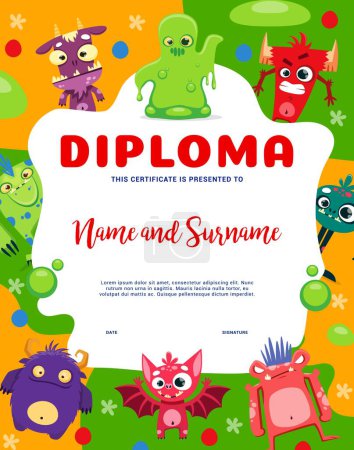 Illustration for Kids diploma cartoon funny monster characters. Vector educational school or kindergarten certificate with cute colorful animals, aliens or Halloween creatures. Graduation award or honor frame template - Royalty Free Image