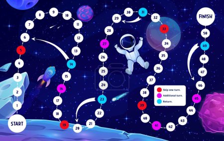 Illustration for Step board game, galaxy space, astronaut, rocket and planets. Kids vector worksheet boardgame with snake path, numbers, start, finish and cartoon cosmonaut character, educational children riddle - Royalty Free Image