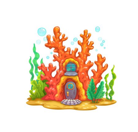 Téléchargez les illustrations : Cartoon underwater coral fairy house. Vector adorable princess mermaid home, fairy tale dwelling in reef with door, shell doorstep mat and seaweeds around. Fantasy architecture on sandy sea bottom - en licence libre de droit