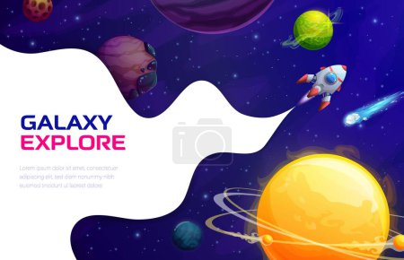 Téléchargez les illustrations : Space landing page cartoon galaxy landscape, rocket spaceship and space planets. Vector background with shuttle travel in far galaxy or Universe with white smoke frame. Futuristic cosmic exploration - en licence libre de droit