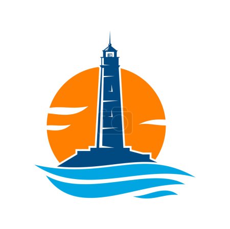 Téléchargez les illustrations : Lighthouse or beacon silhouette vector icon with nautical navigation tower of light house, sea water waves and ocean coast surf, searchlight beams and sun. Marine safety lighthouse round symbol - en licence libre de droit