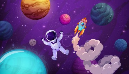 Ilustración de Cartoon astronaut, planets and outer space landscape. Vector funny cosmonaut float in weightlessness and spaceship with cloud trail flying in Universe with shining stars. Interstellar journey, trip - Imagen libre de derechos