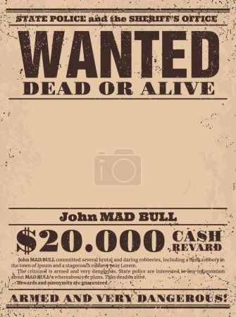 Illustration for Vintage reward poster. Western wanted dead or alive banner. Robber search blank poster, gangster or criminal catch reward vector paper scroll, grunge background with message on newspaper paper page - Royalty Free Image