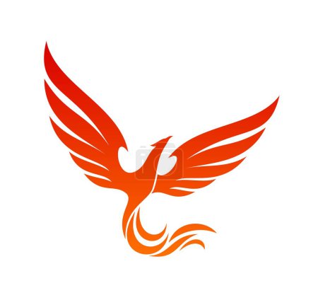 Illustration for Phoenix, fairy bird icon. Magic animal, fairy firebird or bird with flaming wings graphic vector label or symbol. Fantasy phoenix abstract emblem, creativity and infinity concept or spiritual tattoo - Royalty Free Image