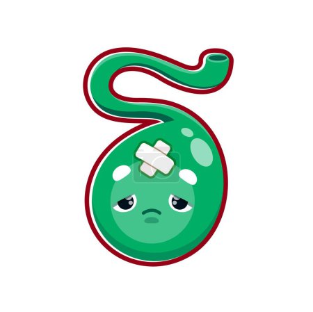 Illustration for Cartoon sick gallbladder character. Physiology and health problem, medical diagnosis or body disease vector character. Unhealthy digestive system organ, sad and sick gallbladder personage with patch - Royalty Free Image