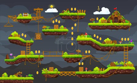 Téléchargez les illustrations : 2d arcade game night level map interface. Platform, key, stairs, coins and chest icons. Classic videogame level or console arcade vector layer, retro game stage backdrop with ropes, jump platforms - en licence libre de droit