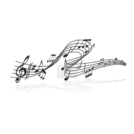 Téléchargez les illustrations : Musical wave flow. Audio record, music swirl background, orchestra notes vintage vector backdrop. Classic symphony harmony wave with notes, music staff or treble clef symbol on lines - en licence libre de droit