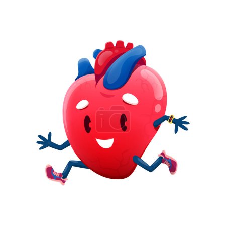 Illustration for Cartoon running heart personage. Fitness and exercises, sport training and cardiovascular system health vector funny mascot. Isolated happy smiling heart character running or jogging in sneakers - Royalty Free Image