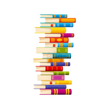 Ilustración de Cartoon stacked books angle view, students textbooks and bestsellers stack. Isolated vector school dictionaries, literature novels, fairytale stories or verses with colorful covers and white pages - Imagen libre de derechos