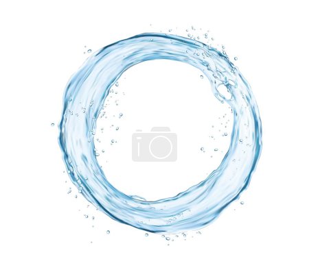 Illustration for Round water splash Isolated blue transparent liquid frame with splatters. Clean vector circle flow with drops, splashing aqua dynamic motion with spray droplets. Realistic 3d fresh drink hydration - Royalty Free Image