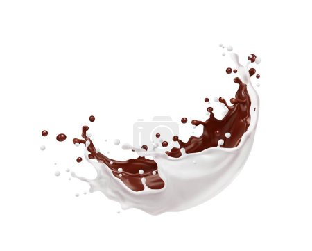 Téléchargez les illustrations : Milk and chocolate wave splash. Sweet beverage, yogurt and hot cacao 3d vector splay fizz or wave droplets. Dairy product or melted chocolate dessert, milky drink or cocktail realistic splatters - en licence libre de droit