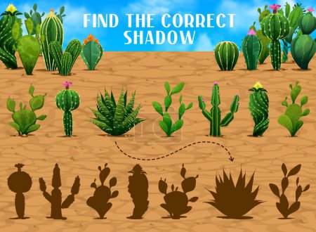 Illustration for Find the correct shadow of mexican prickly cactus succulents. Shadow match child puzzle, similarity search game vector worksheet or silhouette find quiz with prickly succulent plants, desert cactuses - Royalty Free Image