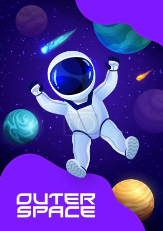 Illustration for Space poster cartoon astronaut in outer space. Vector funny cosmonaut float in weightlessness at galaxy landscape with planets, stars, asteroids or comets. Interstellar travel in alien celestial world - Royalty Free Image