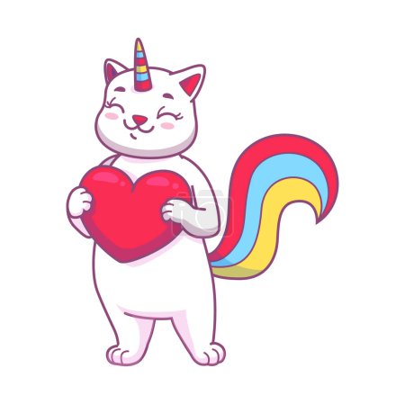 Téléchargez les illustrations : Cute cartoon caticorn character with heart. Fairytale caticorn, kawaii unicorn cat or fantasy creature mascot. Magic kitten adorable vector personage with rainbow color tail, holding heart in paws - en licence libre de droit
