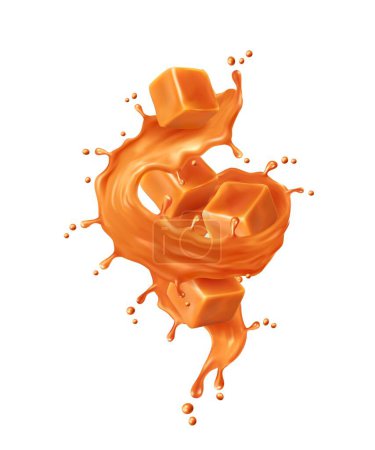Téléchargez les illustrations : Caramel sauce syrup swirl splash with toffee. Realistic 3d vector sweet liquid melt toffee stream dynamic motion for ads promo. Isolated brown candy swirl, splashing with droplets and brown cubes - en licence libre de droit
