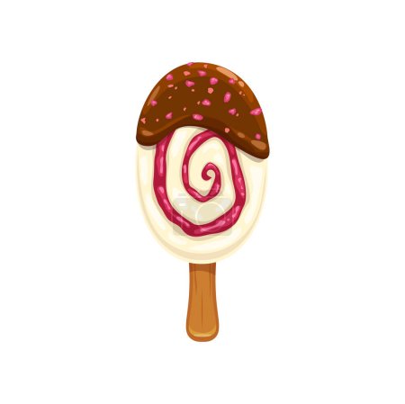 Illustration for Cartoon eskimo ice cream, isolated vector popsicle bar, sweet creamy dessert. Icecream on stick with chocolate glaze, jam vortex and nuts sprinkles. Summer frozen food isolated on white background - Royalty Free Image