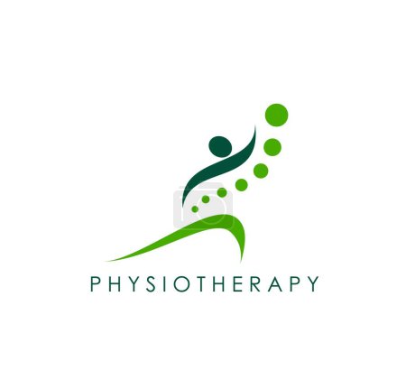 Téléchargez les illustrations : Physiotherapy, spine health icon. Chiropractic massage therapist, spine health therapy or back pain treatment medical center vector sign. Physiotherapy clinic emblem with human abstract figure - en licence libre de droit