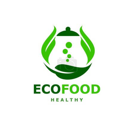 Téléchargez les illustrations : Healthy natural food icon. Restaurant natural or vegan meal meals, eco product farm or market vector emblem. Healthy nutrition diet food icon or symbol with boiling water in teapot, green leaves - en licence libre de droit