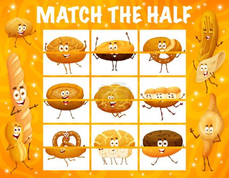 Illustration for Match the half of cartoon bakery, pastry and bread characters. Piece or fragment connect puzzle vector worksheet with cunape, baguette, marraqueta and barbari, tortilla, shoti puri cute personages - Royalty Free Image