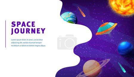 Téléchargez les illustrations : Space landing page Ufo in galaxy space planets. Vector interstellar travel background with alien extraterrestrial invaders fly on saucer exploring planets in cosmos or universe with stars and comets - en licence libre de droit