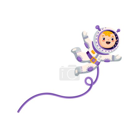 Ilustración de Astronaut cartoon character in outer space in cosmic suit. Vector flying astronaut kid, comic boy wearing spaceman costume and protective helmet - Imagen libre de derechos