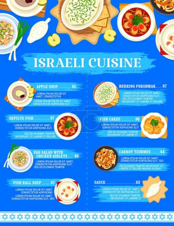 Illustration for Israeli cuisine restaurant menu page template. Apple soup, egg salad with chicken giblets and fish cakes, gefilte fish, carrot Tzimmes and herring forshmak, sauce, fish ball soup - Royalty Free Image