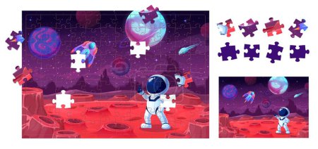 Illustration for Cartoon astronaut on space planet. Jigsaw puzzle game pieces. Shape match quiz, correct piece search puzzle game or part find riddle vector worksheet with cute astronaut on planet surface with craters - Royalty Free Image