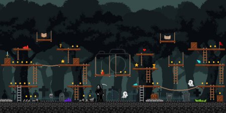 Illustration for Night forest and cemetery game level screen interface. Computer game level, retro gaming app vector scene or layer. Mobile videogame landscape with jumping platform, death and ghost, golden coins - Royalty Free Image
