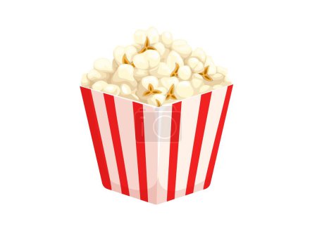 Téléchargez les illustrations : Cartoon pop corn bucket, isolated vector carton disposable box, paper package full of popcorn kernels. Fast food snack in red and white striped container for cinema or movie theater amusement - en licence libre de droit