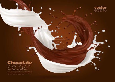 Illustration for Milk and chocolate swirl wave splash. Realistic vector promo background with cocoa and milky flow with drops. Brown and white streams of dessert drink with splatters, liquid 3d dynamic splashing - Royalty Free Image