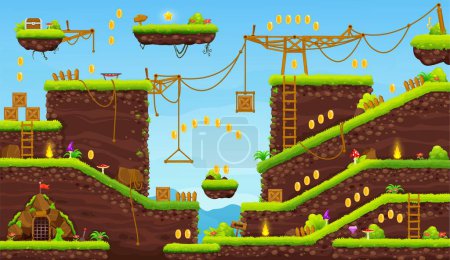 Téléchargez les illustrations : 2d arcade game level cartoon map interface. Platform, key, stairs, coins and chest icons on console game screen. Computer retro arcade vector background with jumping platforms, ladders and boxes - en licence libre de droit