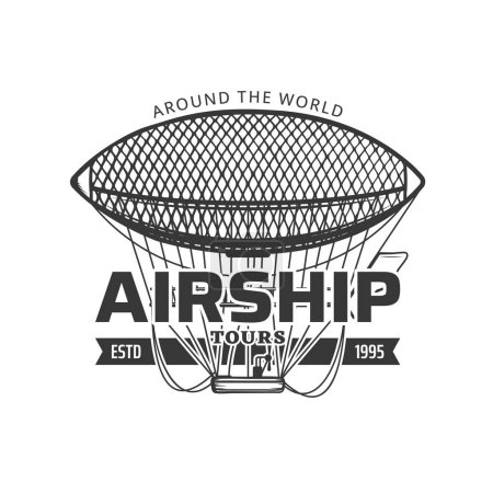 Illustration for Airship tours icon. Air travel, tourism agency and flight journey, aviation history vector vintage label, monochrome emblem or symbol with flying antique dirigible airship and typography - Royalty Free Image