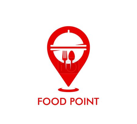 Téléchargez les illustrations : Restaurant, road cafe icon. Food delivery service direction mark, food point position point or cafeteria place pin vector symbol. Shop destination spot sign with cloche cover or lid, spoon and fork - en licence libre de droit