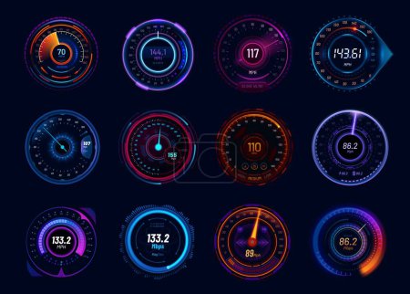 Illustration for Futuristic car speedometer gauge dials. Neon led speed meter, vehicle tachometer or acceleration boost vector indicators, internet connection download ping test meter with speed info, glowing arrows - Royalty Free Image
