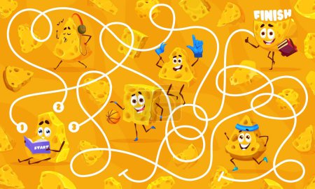 Ilustración de Labyrinth maze game, cartoon cheese characters. Kids vector worksheet quiz test with funny gouda or maasdam slices, tangled path, start and finish. Educational boardgame for children, find a right way - Imagen libre de derechos
