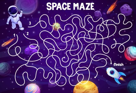 Ilustración de Space labyrinth maze help to astronaut find a rocket spaceship between galaxy planets. Kids vector board game with tangled path, start and finish on cosmic landscape. Cartoon educational riddle, test - Imagen libre de derechos
