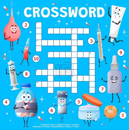 Illustration for Cartoon medical instruments, pills, ointments crossword grid worksheet. Find a word quiz game. Vector quiz with cute patch, clyster, thermometer and tablet, drops, syringe, tube and capsule personages - Royalty Free Image