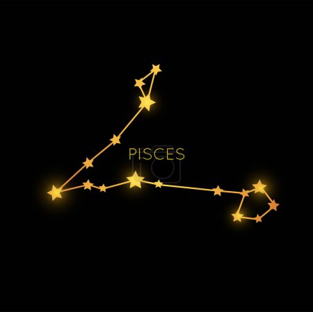 Illustration for Pisces golden zodiac constellation, mystic sign in space, cosmic magic stars or planets in black night sky. Vector astrology horoscope symbol in galaxy - Royalty Free Image