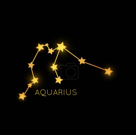 Ilustración de Acuario constelación del zodíaco dorado, icono de galaxia espacial mágica celestial. Vector acuario símbolo del horóscopo, signo zodiacal astrológico - Imagen libre de derechos