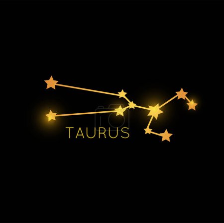 Illustration for Taurus golden zodiac constellation, gold stars. Vector horoscope symbol, star astrology sign. Constellations celestial magic space galaxy icon - Royalty Free Image