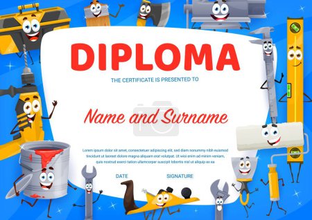 Téléchargez les illustrations : Kids diploma. DIY and repair tools funny characters. Kids graduation vector award, education diploma with toolbox, paint bucket, caliper, jointer plane and ax, brush, putty knife funny personages - en licence libre de droit