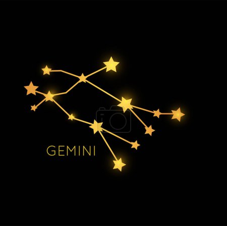 Ilustración de Gemini, constellation of zodiac sign in space, cosmic magic golden stars or planets, astrology horoscope symbol in galaxy space - Imagen libre de derechos
