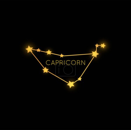 Ilustración de Capricornio constelación del zodíaco de oro en el cielo espacial. Signo del zodiaco vectorial en el espacio, estrellas o planetas dorados mágicos cósmicos, símbolo del horóscopo astrológico - Imagen libre de derechos