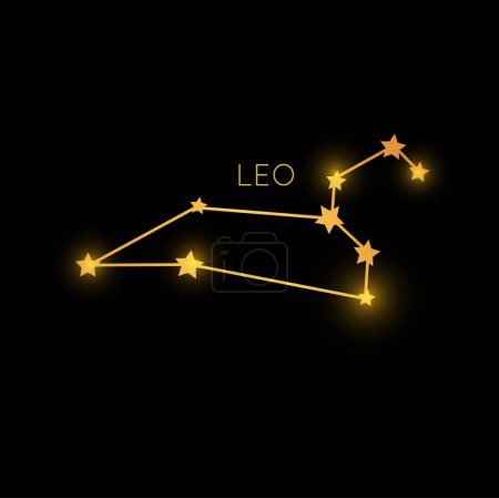 Illustration for Leo constellation of zodiac sign in in galaxy space, connected golden stars and planets. Vector cosmic magic astrology horoscope leo sign - Royalty Free Image
