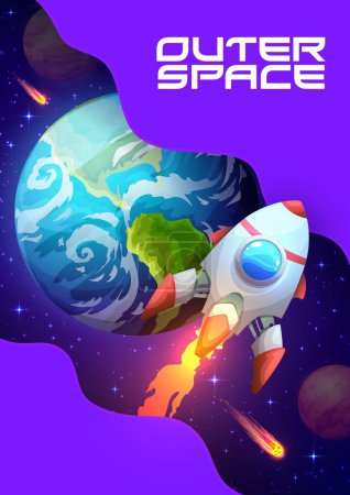 Illustration for Space poster with rocket launch and earth planet. Cartoon vector background spaceship with fire takeoff into far Universe for exploring galaxy and travel in cosmic world. Shuttle flying up to stars - Royalty Free Image