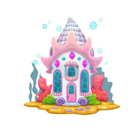 Téléchargez les illustrations : Cartoon underwater mermaid fairy house. Vector sea dwelling of sorceress on ocean bottom. Fairytale undersea conch home with curve spiral shell roof. Cute fantasy building decorated with gemstones - en licence libre de droit