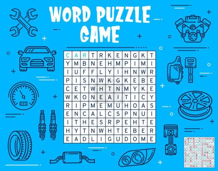 Illustration for Car service and spare parts word search puzzle game worksheet. Child quiz grid, kindergarten puzzle outline vector page or kids logical riddle, playing activity with vocabulary, alphabet learning task - Royalty Free Image