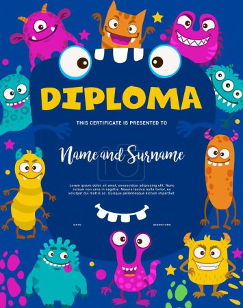 Illustration for Kids diploma cartoon cute monster characters. Cartoon vector educational school or kindergarten certificate with funny colorful animals, aliens or Halloween creatures. Graduation award frame template - Royalty Free Image